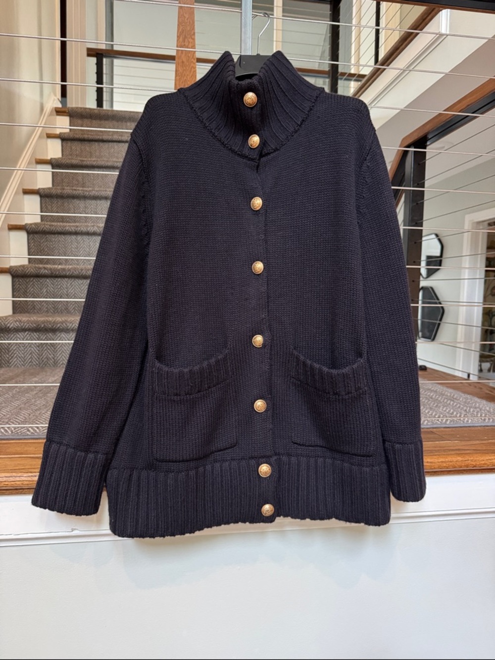 Deep Navy Gold-button-Front Knit Sweater with Ribbed Collar from Tuckernuck